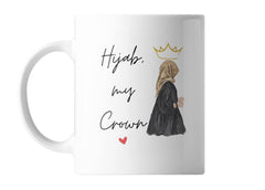 White ceramic coffee mug with the text "Hijab My Crown" in elegant script, symbolizing strength, dignity, and beauty. Ideal for Muslim women, this inspirational mug is perfect for everyday use, featuring a comfortable handle and a stylish design.