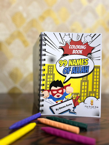 99 Names of Allah Colouring Book by Umme Asma featuring superhero-themed interactive coloring and tracing activities designed for kids aged 3-7, with unique illustrations and meaningful descriptions of each name of Allah.