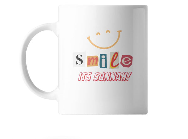 Image of the 'Smile, It's Sunnah' ceramic coffee mug, featuring an elegant design and a comfortable grip, perfect for hot or cold beverages.