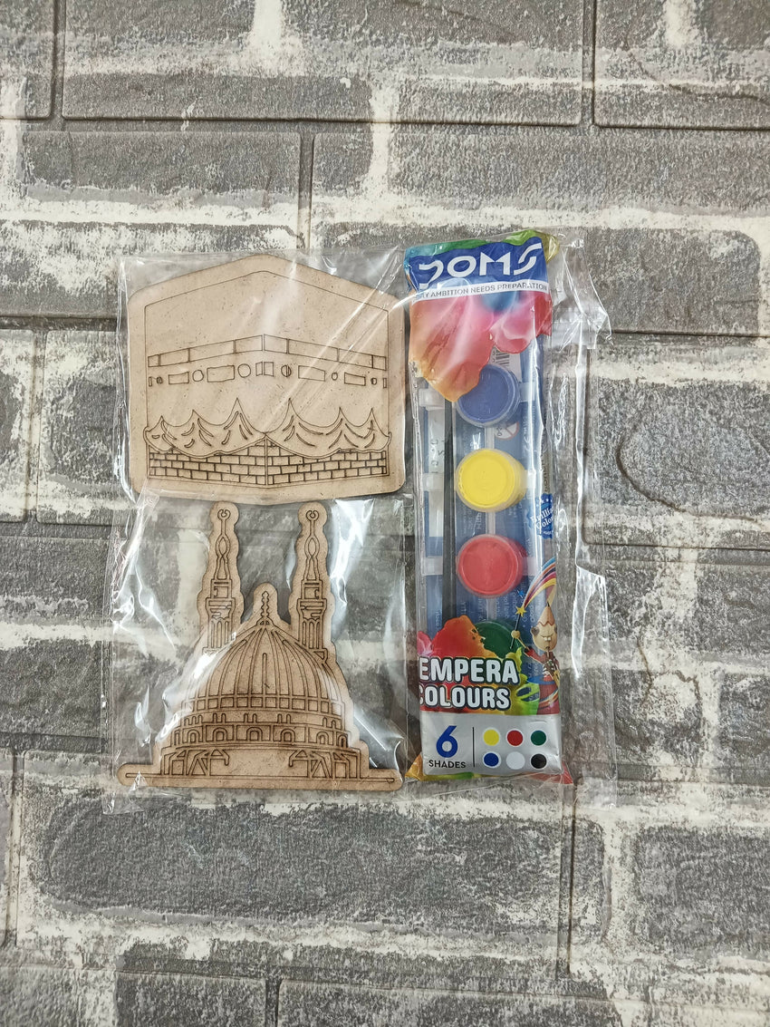 DIY Fridge Magnets kit with two MDF cut outs of Masjid E Nabwi and Ka'bah, including paints and pre-attached magnets, ideal for kids to color, create, and display their own Islamic art on the fridge or any magnetic surface.