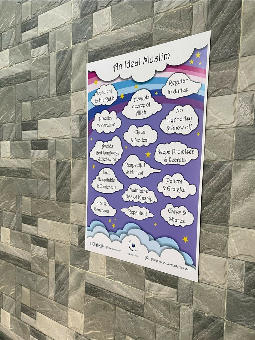 An Ideal Muslim Poster - 300 GSM wall decor for kids' rooms, featuring inspirational design to remind and motivate children about the qualities of a righteous believer.