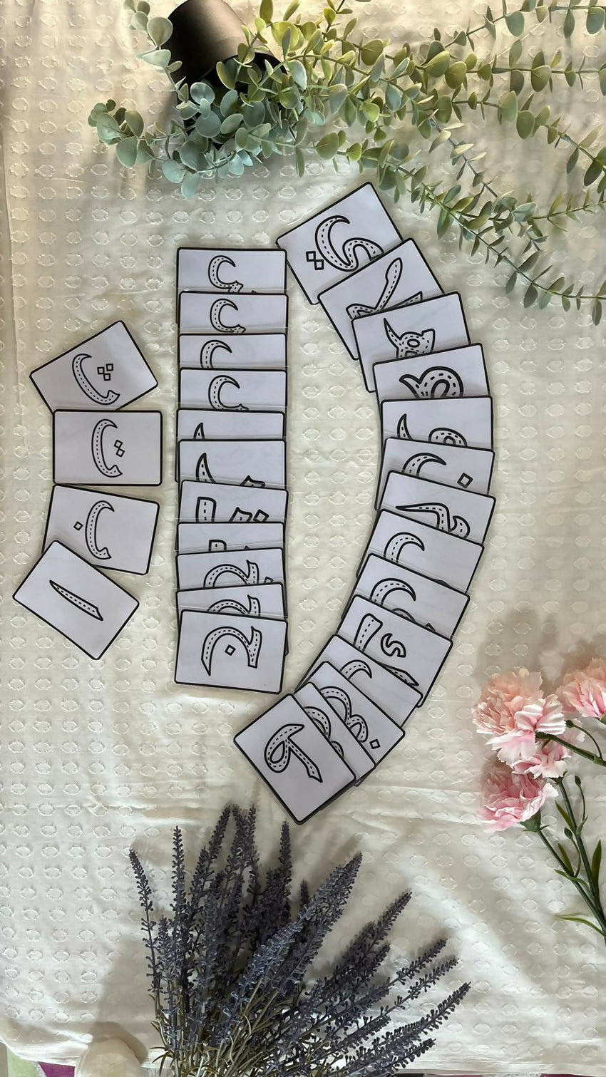 Set of 28 Arabic Letter Trace & Wipe Cards, featuring laminated flash cards designed for young children to practice tracing and writing Arabic letters. Ideal for homeschooling and classroom use, promoting letter recognition and handwriting skills.