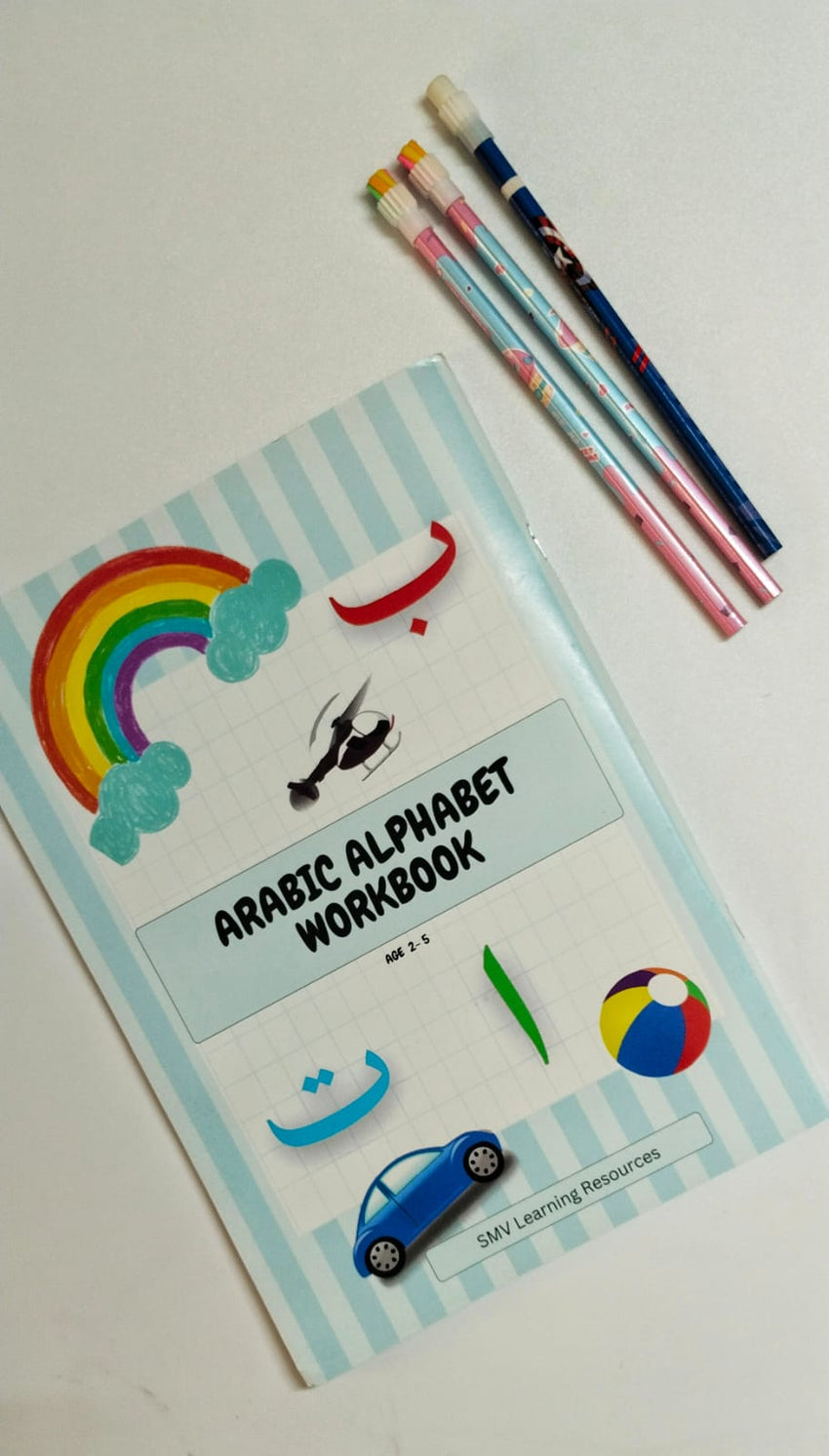 Cover of the "Arabic Alphabet Workbook" designed for young learners, featuring colorful illustrations and activities like coloring, tracing, and drawing lines to make learning the Arabic alphabets fun and engaging.