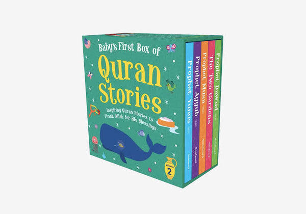 Colorful cover of 'Baby's First Box of Quran Stories,' featuring illustrations of friendly animals and children, with a backdrop of stars and a crescent moon, designed to introduce young children to Islamic stories.