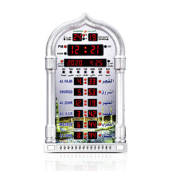 Al-Harameen Azan Clock HA-4008 with digital display showing time, date, temperature, and prayer times for Al Fajr, Shurooq, Al Zuhr, Al Asr, Maghrib, and Al Isha, featuring an elegant arch design and mosque imagery.